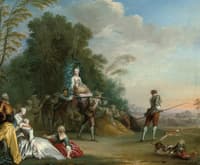 A Shepherdess and Festooned Lamb Carried in a Rustic Palanquin