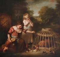 The Two Daughters of the Artist, Anne and Maria Feeding Chickens in a Landscape
