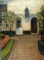 Pathway leading to Entrance Doors with Potted Plants