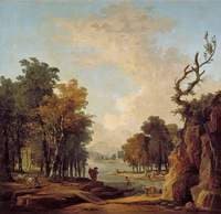 Wooded River Landscape with a Traveller, a Barking Dog, a Horseman and Women Washing at an Islet