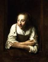A Woman Leaning out of a Window with a Rosebud