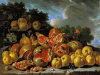 Still Life with Pomegranates, Apples, Cherries and Grapes in a Landscape