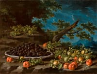 Still Life with a Bowl of Berries, Acerola Cherries and Hazelnuts in a Landscape