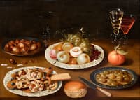 Nature morte aux quatre plats et verres de vin,