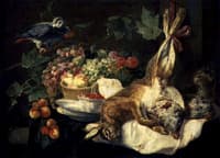 Nature morte avec lièvre, fruit et perroquet