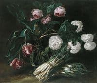 Vase of Flowers and two Bunch of Asparagus