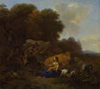 A Peasant Playing a Hurdy-Gurdy to a Woman and Child in a Woody Landscape
