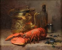 Still life with brass kettle and lobster