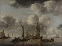 A Dutch Yacht Firing a Salute as a Barge pulls away and many Small Vessels at Anchor
