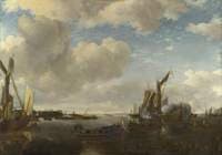 A River Scene with a Dutch Yacht Firing a Salute as Two Barges pull away