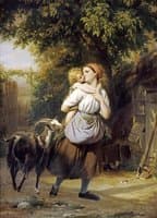 A Mother And Child With A Goat On A Path