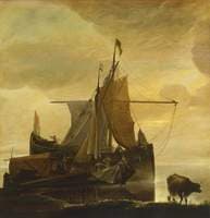 Two Vessels by the Shore at Daybreak