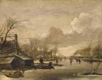 Winter Scene with Thatched Cotages by a River spanned by a Wooden Bridge
