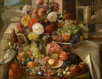 Great still life with birds, flowers and fruits