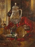 A still life with a crystal tankard and other precious objects arranged on a draped cloth
