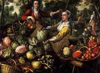 The Four Elements: Earth.  A Fruit and Vegetable Market with the Flight into Egypt in the Background