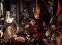 The Four Elements: Fire.  A Kitchen Scene with Christ in the House of Martha and Mary in the Background