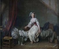 Girl with a Birdcage Seated on a Bed