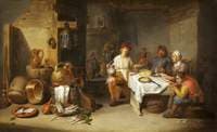A Poor Company at Table in a Rustic Kitchen