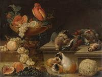 Still life with a Parrot, Game Fowl, Guinea Pigs and Fruit