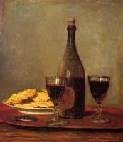 Still Life: Two Glass of Red Wine, a Bottle of Wine; a Corkscrew and a Plate of Biscuits on a Tray