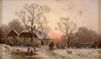 Winter landscape with farmstead and children playing