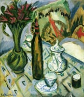 Teapot, Bottle and Red Flowers