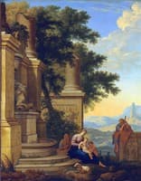 An Extensive Landscape with the Holy Family, Saint Anne and John the Baptist by Classical Ruins