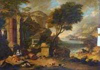 A Mountainous Coastal Landscape with Classical Ruins and Shepherds