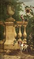 Pigeons and a Dog in a Garden