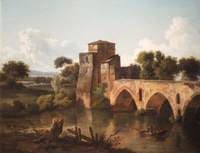 River Scene with a Bridge and a Boat and Fishermen in the Foreground