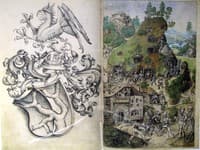 The coats of arms of the donor and the mining panorama