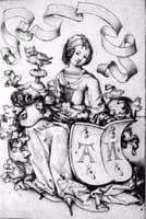 Lady with owl and AN in her escutcheon