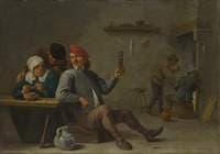 A Man Holding a Glass and an Old Woman Lighting a Pipe