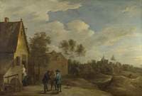 View of a Village with Three Peasants Talking in the Foreground