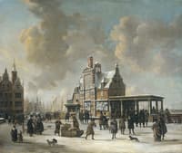 The Paalhuis and the Nieuwe Brug, Amsterdam, in the winter.