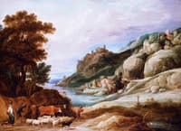 A Shepherd with His Flock in a Mountainous Landscape