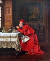 Cardinal eating oysters and drinking champagne