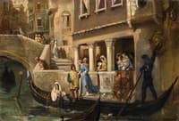Dignitaries Boarding a Gondola on a Venetian Backwater