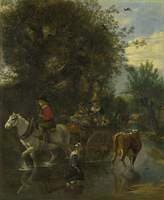 A Cowherd Passing a Horse and Cart in a Stream