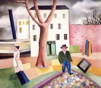 Man and Woman in Front of Houses