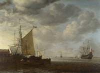 A View of an Estuary with Dutch Vessels at a Jetty and a Dutch Man-of-War at Anchor