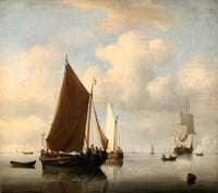 A Calm Sea with two Fishing Boats and a Man-of-War Firing a Salute Beyond