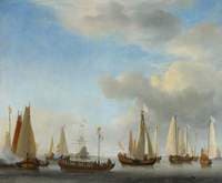 A Dutch State Barge under Oars with bezan Yachts under Sail