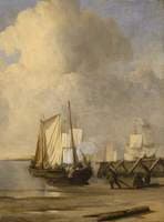 A Kaag coming Ashore near a Groyne with Ships and Vessels under Sail Beyond