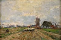 Village street with flock of sheep