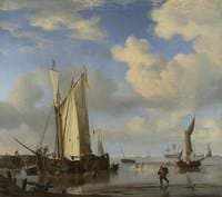Dutch Vessels Close Inshore at Low Tide with Men Bathing