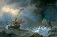 Man o' War in Distress off Rocky Coast