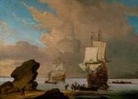 Seascape:  Ships and Boats in a Calm off a Rocky Shore