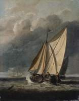 Seascape:  A Yacht Sailing under a Rainy Sky